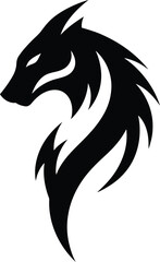 Dynamic Black Silhouette of a Fierce Dragon Head with Flowing Mane on White Background