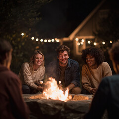 A group of friends laughs around a bonfire at night. Evokes warmth, connection, and joyful gatherings. Perfect for campaigns about community, friendship, or outdoor living.