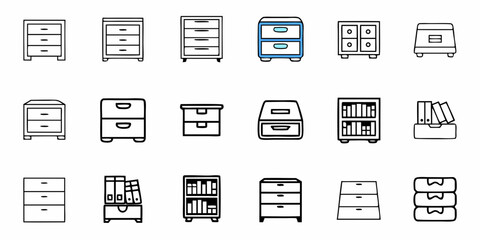 Fototapeta premium Explore a versatile set of clean line art icons depicting various drawer cabinets, filing systems, and storage units for modern office and home organization designs