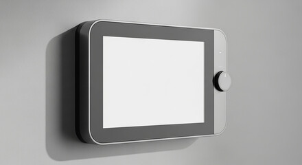 A modern digital tablet mounted on a wall with a blank screen, ready for customization or display, showcasing sleek technology and minimalist design