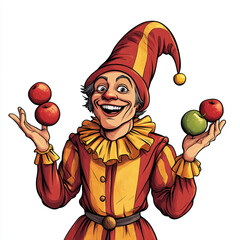 Colorful Cartoon Clown Juggling Apples in Circus Costume Illustration on Transparent Background
