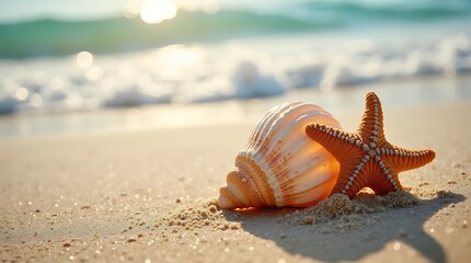 Seashell and Starfish on Sandy Beach with Wave Foam, Tropical Holiday Concept in Soft Sunlight