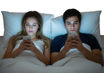 Couple using smartphone in bed at night isolated on transparent background, a relationship problem of social media addiction
