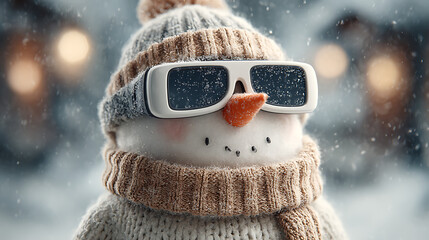 A cyber futuristic snowman in a sleek coat with VR glasses poses for a Christmas portrait on a snowy day, with snowflakes falling after receiving an expensive tech gift like a hipster. Copy 92433586 4