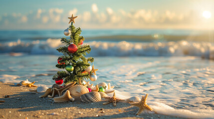 A Christmas tree  on a beautiful beach, with waves and a sunset in the background, creating a magical atmosphere.