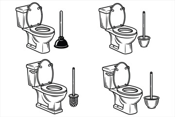 Vector art of a set of four toilet icons with different cleaning tools, including a plunger and toilet brush, each icon is a simple black and white drawing