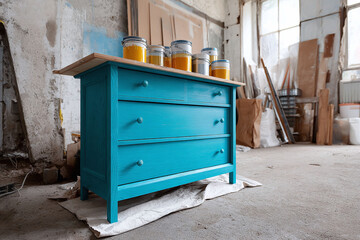 Upcycled blue dresser with paint cans in a workshop. DIY renovation project showcasing creativity, home improvement, and vibrant color. Ideal for lifestyle content.