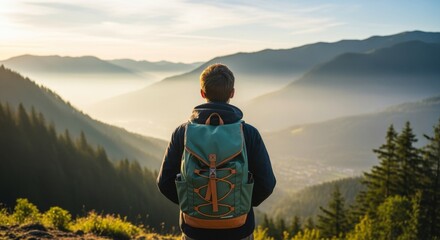 Reiziger geniet van adembenemend berglandschap bij zonsopgang