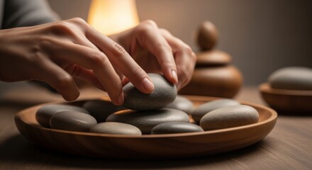 Rustgevende handen schikken rivierstenen op houten dienblad