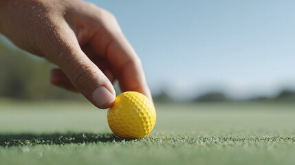 Closeup of a hand placing a bright yellow golf ball on the vibrant green of a manicured course. Symbolizes precision, focus, and success. Ideal for sports or business.