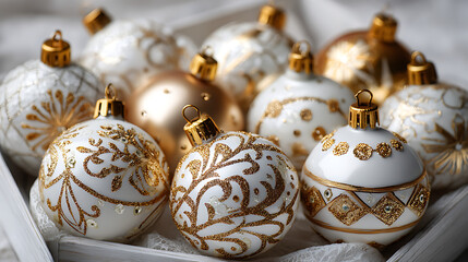 Minimalist holiday greeting card, white and gold baubles in box, elegant clean background, festive seasonal stock image