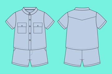 Infant Toddler Utility Safari Set: Mandarin Collar Shirt and Pocket Shorts Technical Flat Sketch.