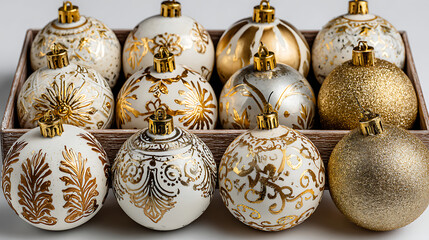 Luxurious Christmas ornaments white and gold tones, arranged in box, pure white backdrop, stylish holiday and New Year concept