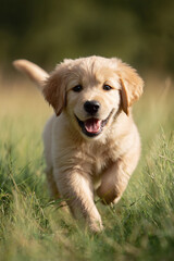 Adorable golden puppy running happily through a sunlit grassy field. Represents joy, innocence, and companionship. Ideal for petrelated content, family themes, and uplifting messages.