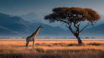 Majestic lone giraffe stands gracefully under a sprawling acacia tree on the golden grasslands of the African savanna. Distant mountains are visible under a dramatic blue sky.