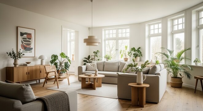 Serene Scandinavische Woonkamer met Duurzame Meubels en Natuurlijk Lic