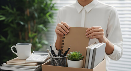 Employee packing personal belongings into a box after a professional resignation, signaling a career transition and new beginnings.