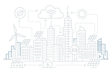 Obraz premium Plan for a future smart city featuring interconnected structures and renewable energy systems