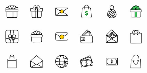 Fototapeta premium Hand-Drawn Style Icons Showcasing Shopping, Gifts, Money, and Global Commerce, Perfect for Illustrating Finance, E-commerce, and Holiday Themes, Originally a Scalable Vector Graphic