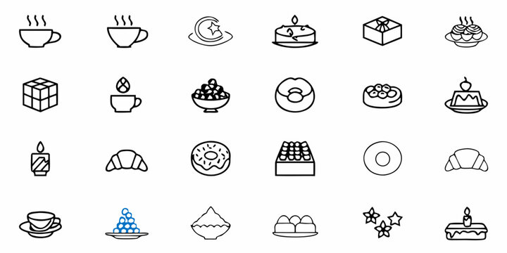 Line art icons of sweet treats, pastries, and beverages for cafe menus and dessert promotions: donut, croissant, cake, coffee, pudding, gift, dessert, sweets