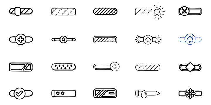 Modern hand-drawn doodle UI elements offering versatile toggle switches and progress bar icons for engaging app and web design projects with a playful aesthetic