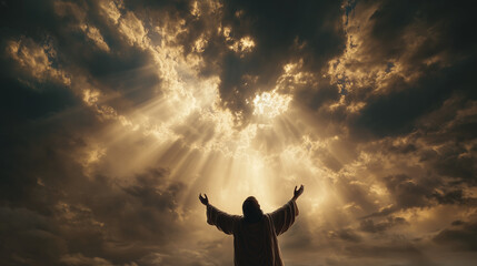Fototapeta premium Jesus Christ raising his hands toward the sky as divine light beams down, cinematic epic scene, dramatic golden clouds