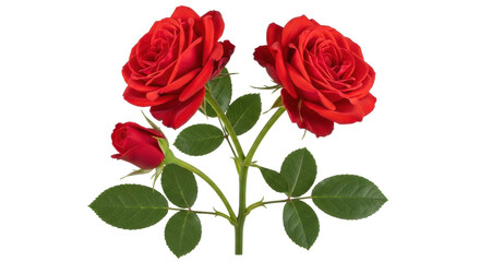 Naklejka premium Isolated red roses with green leaves, three flowers, on stems, botanical springtime blooms