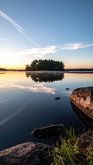 Serene Landscape Featuring Island Reflection on Calm Water Surface with Rocks Sky and Clouds at Sunset with Warm Golden and Cool Blue Tone