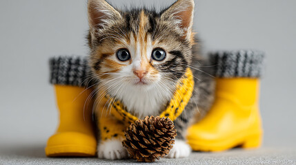 Cute fluffy kitten wearing colorful rain boots, holding a pinecone with tiny paws, blank pastel background, whimsical gift card concept