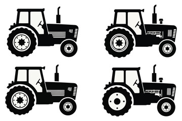 Vector art of collection of four black tractor silhouettes, showcasing agricultural machinery and farming equipment in a simple and graphic design