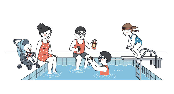 Happy Illustrated Family Enjoying Summer Fun at Swimming Pool.
