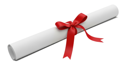 Isolated diploma scroll tied with red ribbon for award ceremony graduation or congratulations