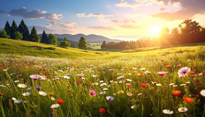 Serene Summer Meadow with Wildflowers and Distant Forest Under a Bright Sky at Golden Hour with Soft Natural Lighting