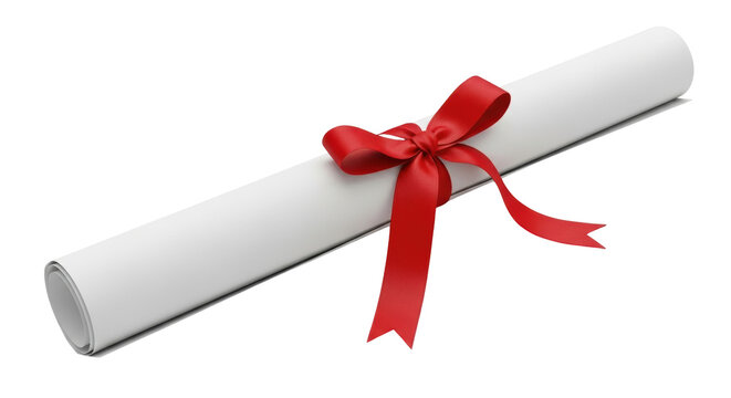 Isolated diploma scroll tied with red ribbon for award ceremony graduation or congratulations