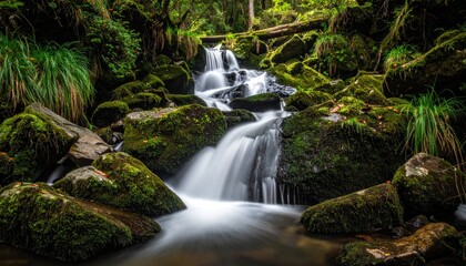 Serene Waterfall Cascading Over Mossy Rocks in Lush Green Forest Long Exposure Photography