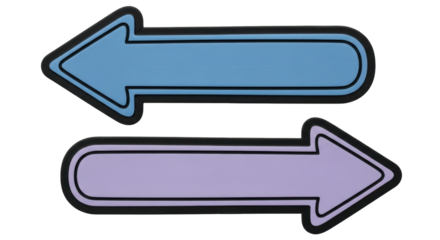 Isolated directions featuring two arrows, light blue arrow pointing left, purple arrow right