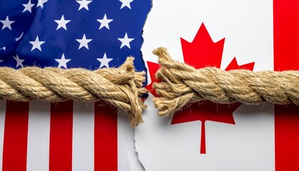 A fraying rope stretches between torn American and Canadian flags—symbolizing strained relations, diplomatic tension, and the fragility of cross-border unity.