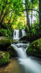 Serene Waterfall Flowing Through Lush Green Forest with Moss Covered Rocks in Cinematic Lighting