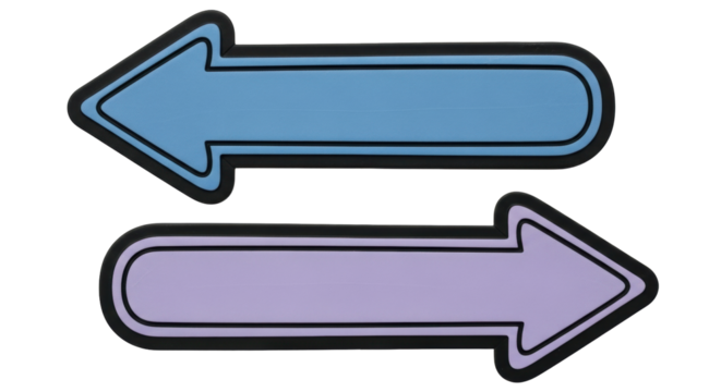 Isolated directions featuring two arrows, light blue arrow pointing left, purple arrow right