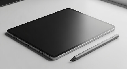 Modern tablet device with stylus pen on a clean surface, technology concept
