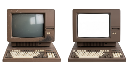 Isolated obsolete computer, retro workstation with keyboard, old technology, vintage device