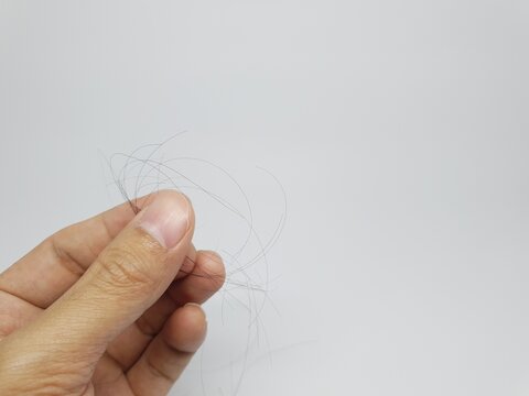 Hand holding strands of hair on white background, concept of hair loss, shedding, or beauty care.