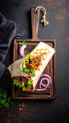 Shawarma Wrap on Dark Wooden Board with Red Onions and Parsley Sprigs Against a Dark Textured Background