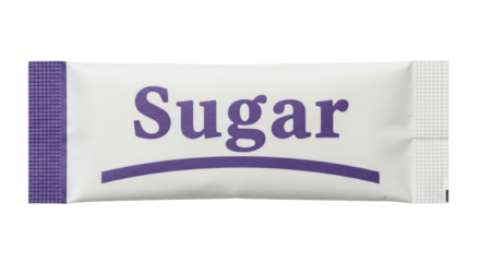 Isolated single-serving sugar packet for beverages, purple text and stripe, granulated sweetener