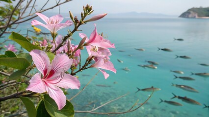 Pink Bauhinia Flowers Blooming Over Turquoise Ocean School of Fish Tropical Coastline orchid tree pink flowers