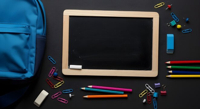 Top view of school supplies and blank chalkboard on dark black background - Powered by Adobe