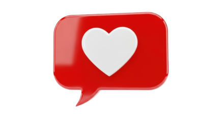 Isolated 3D red speech bubble with heart shape on center as social media notification icon