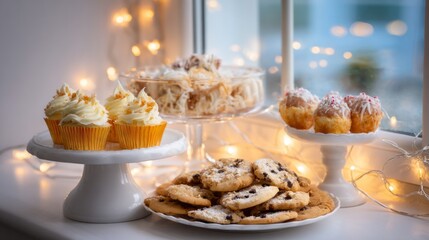 Christmas dessert display with decorated cupcakes, cookies, and festive treats near twinkling lights
