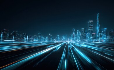 Fototapeta premium Highway in a futuristic city with blue neon lights and buildings at night