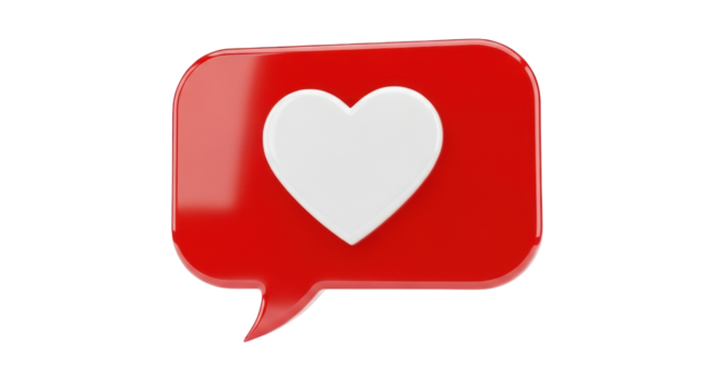 Isolated 3D red speech bubble with heart shape on center as social media notification icon